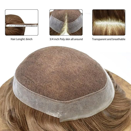 Toupee for Men French Lace Human Hair Replacement Systems Lace Center with Poly Around Hair Piece Mens Toupee Hair Units for Man V-Looped Front Male Hair Units 6"X9" 17R#BROWN/BLONDE MIX WARM TONE