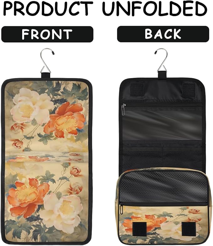 Travel Toiletry Bag for Women & Men Ethnic Flower Peony Hanging Cosmetic Organizer Portable Waterproof Makeup Case Make Up Bag with Compartments Travel Essentials for Bathroom Shower