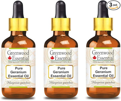 Greenwood Essential Pure Geranium Essential Oil (Pelargonium graveolens) with Glass Dropper Steam Distilled (Pack of Three) 100ml X 3 (10.1oz)