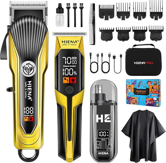 HIENA PRO Hair Clipper Set for Men, Professional Cordless Clipper Kit & Trimmer Set, Ear and Nose Hair Clipper with LED Display, USB Rechargeable Hair Cutting Grooming Kit, Gifts for Men