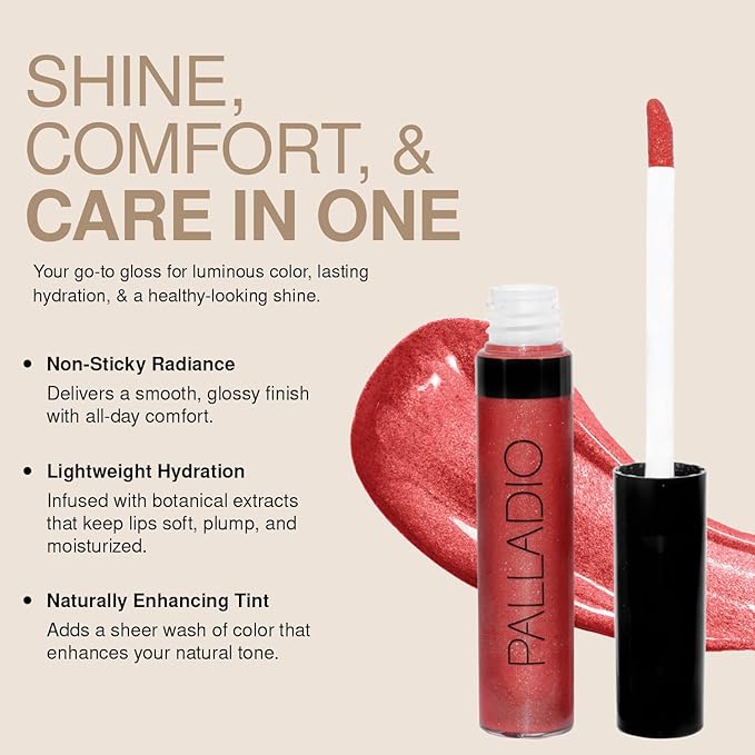 Palladio Lip Gloss, Pure Natural, Non-Sticky Lip Gloss, Contains Vitamin E and Aloe, Offers Intense Color and Moisturization, Minimizes Lip Wrinkles, Softens Lips with Beautiful Shiny Finish