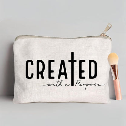 Created With a Purpose Women Makeup Bag Christian Decor Self Love Gift Toiletry Bag Religious Faith Cosmetic Pouch Linen Cotton Inspirational Multi-Purpose Bag Gift