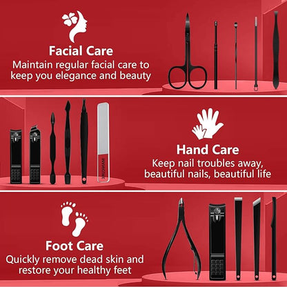 Manicure Set 16 In 1 Professional Stainless Steel Pedicure Kit Toenail Clippers Set Mens Grooming Kit Fingernail Kit for Women with Luxurious Travel Bag, Suitable for Home, Travel, and Salon (Black)