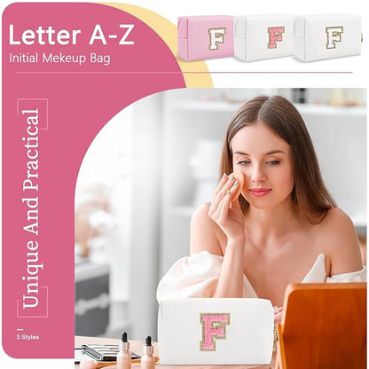 Personalized Makeup Bag Initial A-Z Preppy Patch Bag,Small PU Leather Travel Cosmetic Bag Pouch with Zipper,White Cute Toiletry Bag,Gift Ideal for Teen Girls Women Birthday Friend Mom,Letter F