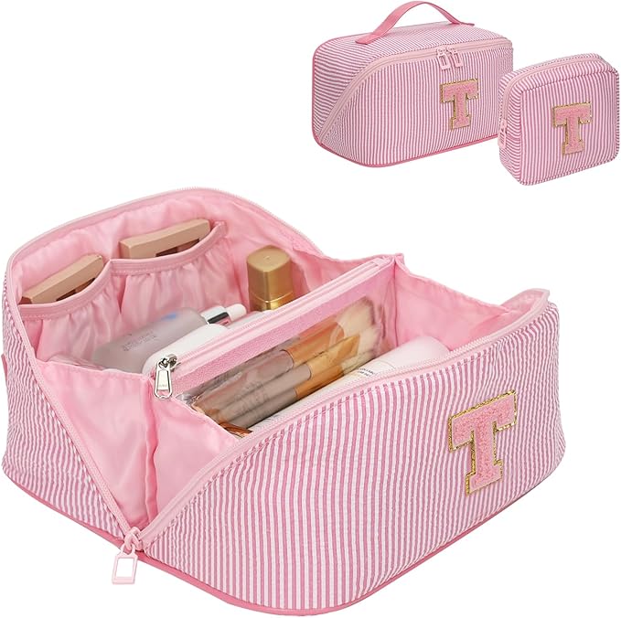 Travel Makeup Bag for Women, 2Pcs Portable Personalized Initial Makeup Organizer Bag, Open Flat Large Cosmetic Bag With Travel Essential Pouch (Pink Letter T)