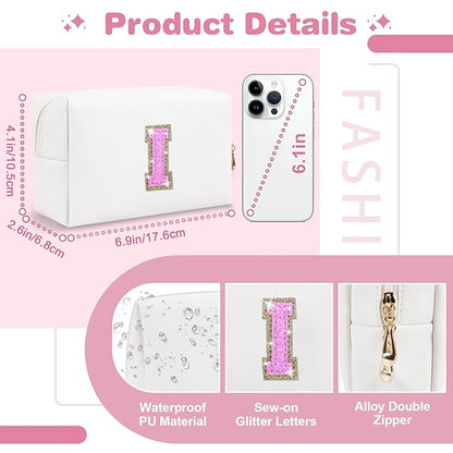 Small Initial Patch Makeup Bag Personalized Gifts Make Up Bag,White Cute PU Leather Glitter Letter Cosmetic Bag with Zipper,Trendy Portable Travel Toiletry Pouch,Preppy Stuff for Teen Girls Women I