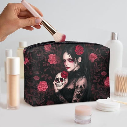 COEQINE Gothic Cosmetic Wallet for Women With Phone Holder Purse Cosmetic Handbag With Soft Leather Cosmetic Case With Zipper for Travel Portable Red Skull Print Cell Phone Purse,Love Gift for Her