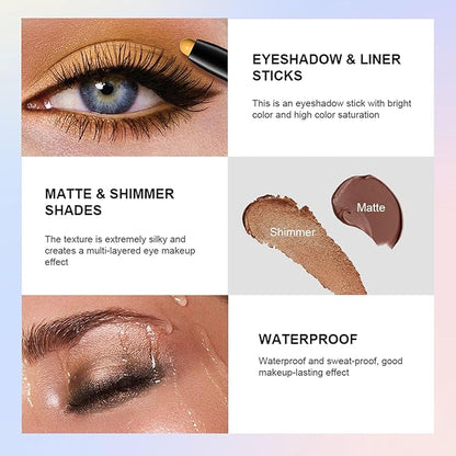 CHIFURE Eyeshadow Stick, Shimmer and Matte Cream Eye Shadow Brightener Sticks Eyeliner Pencil Crayon, Waterproof Long Lasting Eye Highlighter Stick Makeup,0.056 Oz(2PCS #8-Fancy+#9-Champagne)