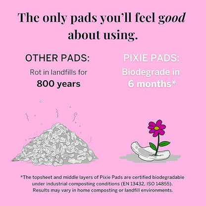 Pixie Organic Cotton Mini Pads with Wings for Women & Teens - Ultra Thin, Light Absorbency Menstrual Pads - Hypoallergenic, Unscented & Biodegradable for Feminine Care - 16 Count