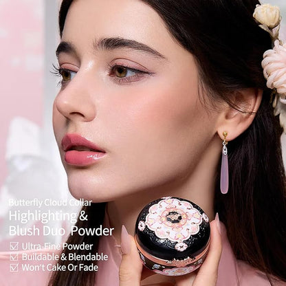 Flower Knows Butterfly Cloud Collar Rouge Box Contour & Blush Duo Palette, Brown Culpting Matte Finish Contour & Blush Powder, Buildable & Blendable Makeup for cheeks(05 Pearwood)