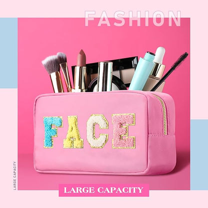Cunno 4 Pcs Preppy Makeup Bags Chenille Letter Stuff Bag Nylon Cosmetic Pouch Cases with Zipper for Women Travel Toiletry