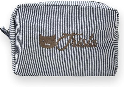 Custom Makeup Bag Personalized Cosmetic Bag Cute Seersucker Travel Toiletry Bag for Women Embroidered Bag Organizer for Bride Makeup Bag Gift Balck