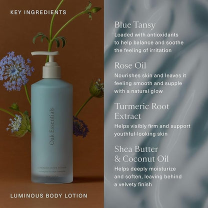 Oak Essentials Luminous Body Lotion | Hydrating Blue Tansy Body Lotion with Rose Oil, Turmeric, Shea Butter and Coconut Oil, 10.1 Fl Oz