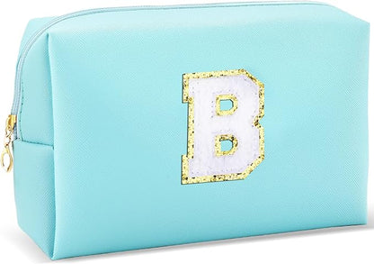 Gifts for Girls Initial Makeup Bag Personalized Cosmetic Bag with Zipper Cute Travel Toiletry Bag Waterproof PU Preppy Makeup Pouch Birthday Gift for Teen Girls Women(Blue B)