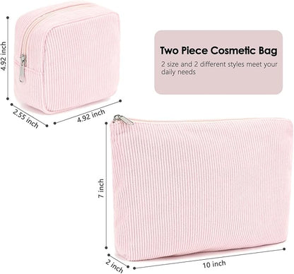 Corduroy Makeup Bag, Travel Cosmetic Bag Organizer Toiletry Bag Make Up Bags with Zipper & Compartments for Women Girls, 2PCS