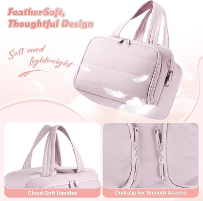 Travel Toiletry Bag:  Large Capacity, 4 Compartments, Wet/Dry Separation, Ultra-Soft Lightweight Fabric & Anti-Spill Design for Travel,Gym,Gift(11.8" L) (Soft Pink)
