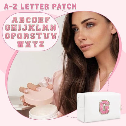 Small Initial Patch Makeup Bag Personalized Gifts Make Up Bag,White Cute PU Leather Glitter Letter Cosmetic Bag with Zipper,Trendy Portable Travel Toiletry Pouch,Preppy Stuff for Teen Girls Women G