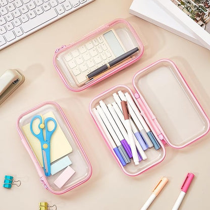 Hoolerry 3 Pcs Clear Hard Zipper Case Plastic Pouch Transparent Hard Case Clear Makeup Bag Portable Travel Organizer Bin for Cosmetics, Building Blocks, Puzzles(Pink,S)