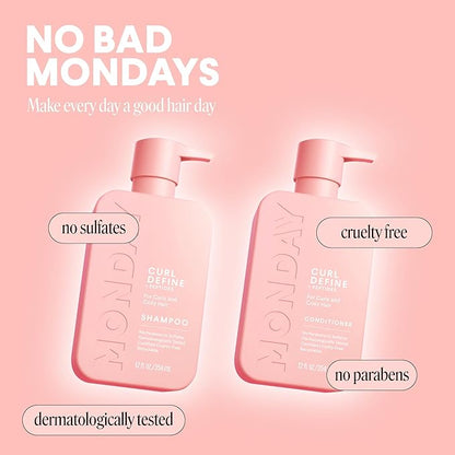 MONDAY HAIRCARE Curl Define Shampoo + Conditioner Set (2 Count) 12 oz Each Nourishes Curls, Tames Frizz, Coconut Oil and Shea Butter Enhance Shine, 100% Recyclable Bottle