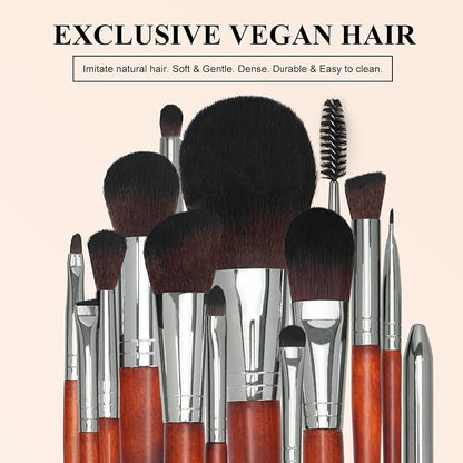 Makeup Brush Set 12pcs，Professional Premium Synthetic Powder Foundation Contour Blush Concealer Eyeshadow Blending Liner Make Up Brushes Kit（Redwood color B300）