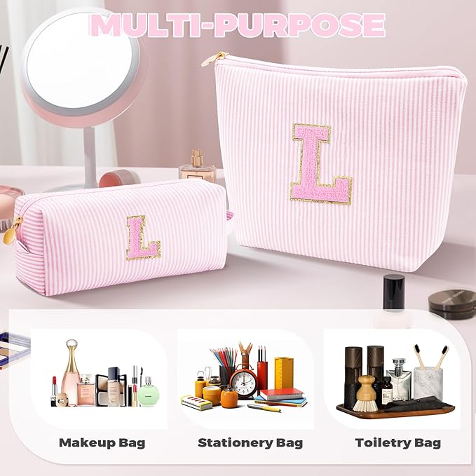 Dance Recital Gifts for Girls - Cosmetic Bag for Teen,Initial Cute Makeup Bag Set for Women,Trendy Pouch for Niece Sister Friend Female Her,Birthday Gifts for Daughter - Pink,L