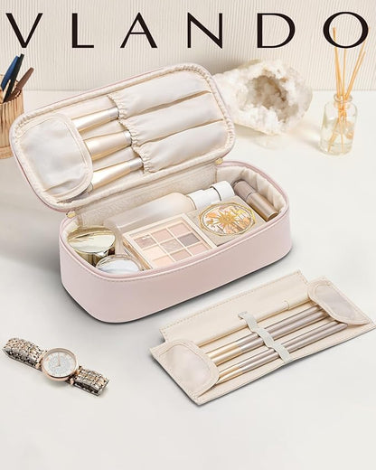 Vlando Makeup Travel Bag,Small Makeup Bag for Women,Gifts for Women Girls, Makeup Pouch Purse Travel Essentials Toiletries-Apricot Pink