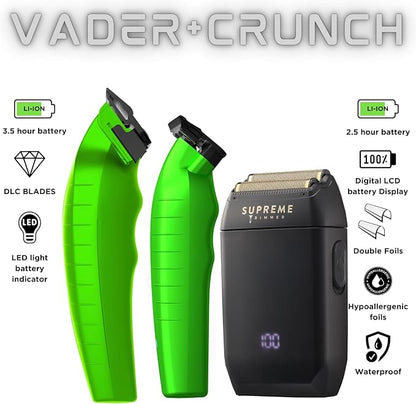 Supreme Trimmer 3-in-1 Barber Kit | Vader Clipper, Vader Trimmer & Crunch Foil Shaver | Men's Professional Beard Trimmer, Brushless Motor Clippers & Waterproof IPX6 Shaver | Acid