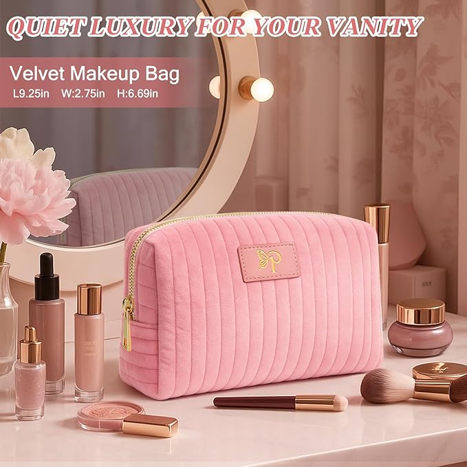 Monogrammed Make Up Bags for Women,Personalized Cosmetic Bags Women,Small Quilted Makeup Pouch,Cute Makeup Bag Travel,Birthday Gifts for Teen Girl (Pink P)