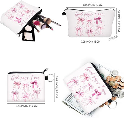 God Says I Am Makeup Bag Set of 2, Christian Bible Verse Bow Cosmetic Bag, Religious Gift for Women, Inspirational Toiletry Pouch for Travel, Birthday, Church, Faith-Based Gifts