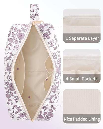 Narwey Cute Makeup Bag Small Toiletry Bag Travel Cosmetic Bag Organizer Make Up Bags with Organized Pockets for Women (Little Dusty Pink Flower, Large)