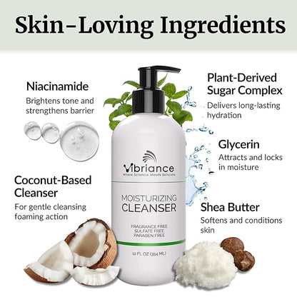 Vibriance Moisturizing Cleanser, Oil-to-Foam Face Wash with Niacinamide, Shea Butter for Mature Skin - Hydrating Gentle Facial Cleanser, Sensitive Face Wash, Sulfate-Free, 12 fl oz