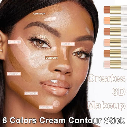 6 Colors Cream Contour Stick Makeup Contour Kit,Double-ended Cream Bronzer for Sculpt, Highlighter and Blush Stick Makeup Kit, Matte & Dewy Finish (SET C)