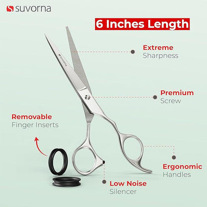 Suvorna Professional Hair Cutting Scissors - 6" Stainless Steel Barber Shears for Hair Cutting and Trimming - Razor Sharp Haircut Scissors for Hairdressers & Barbers - Hair Shears for Women and Men