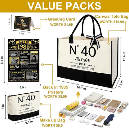 40th Birthday Gifts for Women Canvas Tote Bag Travel Gear, Unique 40 Years Old Birthday Gifts for Her Mom Wife Aunt Friends, Vintage N40 Handbag & Cosmetic Bag & Back in 1985 Poster