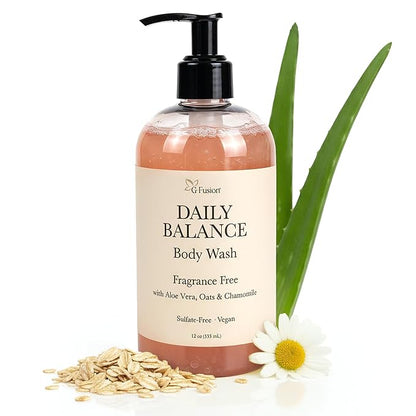 Daily Balance Body Wash – Natural Fragrance Free Cleanser – Plant-Based Hydrating Shower Gel with Oatmeal, Aloe & Chamomile – Vegan, pH Balanced, Sulfate-Free Clean Beauty Care. 12 Fl Oz (355 ML)