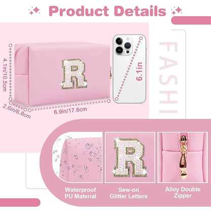 Small Personalized Initial A-Z Patch Makeup Bag,Pink Cute PU Leather Glitter Letter Cosmetic Bag for Teen Girls,Travel Toiletry Bag with Zipper,Preppy Monogrammed Birthday Gift for Daughter Niece R