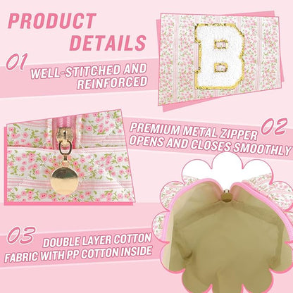 Personalized Quilted Cosmetic Bag, Puffy Monogrammed Christmas Birthday Gifts for Women & Girls, Cute initial Floral Makeup Bag Puffer Coquette Bag, Aesthetic Travel Toiletry Zipper Pouch(Pink,B)