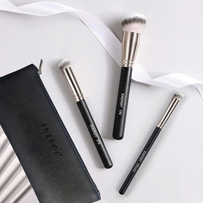 ENERGY Makeup Brush Set Professional 3pcs Foundation Concealer Detail Brushes Soft Synthetic Bristles Vegan Face Makeup Brushes for Liquid Cream Powder Flawless Blending Buffing with Travel Case