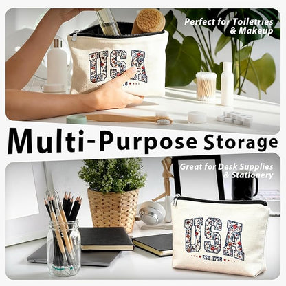 Retro Floral USA 4th of July Makeup Bag, America Patriotic Cosmetic Bags for Women, Red White and Blue USA Toiletry Bag for Women, cosmetic bag, makeup case