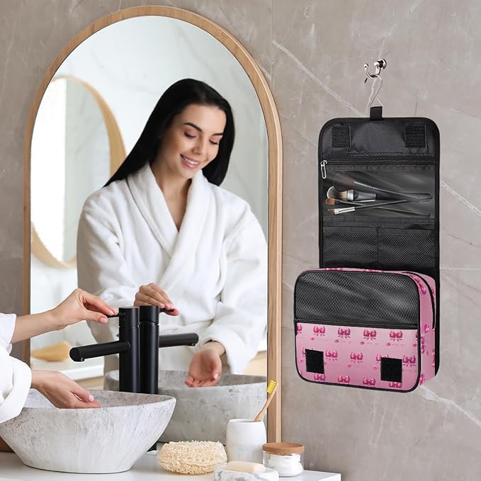 Travel Toiletry Bag for Women & Men Pink Beautiful Flower Hanging Cosmetic Organizer Portable Waterproof Makeup Case Make Up Bag with Compartments Travel Essentials for Bathroom Shower