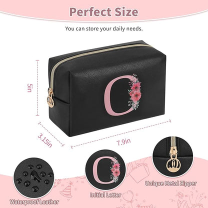 Personalized Initial Makeup Bag, Birthday Gifts for Women and Girls, Small Makeup Pouch Travel Toiletry Bag, Make Up Organizer Bag Gift Trendy Stuff for Friend Mom Teacher, Black