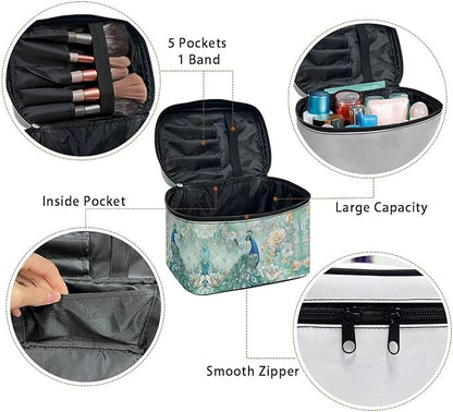 Peacock Butterfly Peony Flower Print Travel Makeup Bags for Women Portable Tote Cosmetic Case with Carry Handle Toiletry Accessories Storage Organizer Bags