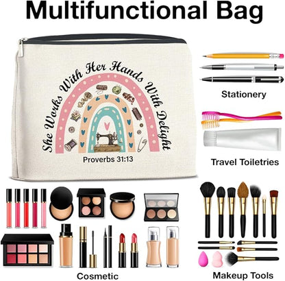 Sewing Lover Gifts Makeup Bag Gift for Quilter, Christian She Works with Her Hands in Delight Cosmetic Bag Zipper Makeup Pouch