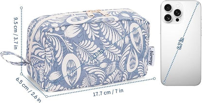 Narwey Small Cosmetic Bag, Small Makeup Bag for Purse, Travel Mini Makeup Pouch, Zipper Pouch, Cute Makeup Bag with Organized Pockets for Women (Blue Leaf, Small)