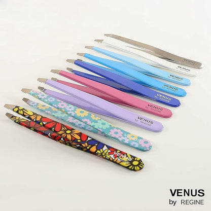 Venus by Regine Slant Tweezers - Handmade Precision Tool for Women & Men, 25-Degree Angle for Shaping Eyebrows & Grooming Facial Contours, Suitable for Eyebrow & Facial Hair Removal (Small Flowers)