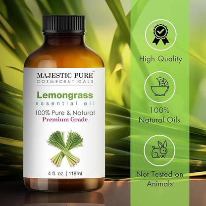Majestic Pure Lemongrass Essential Oil with Glass Dropper - 4 Fl Oz Pack of 2-100% Pure and Natural Lemongrass Oil - Premium Grade Essential Oils for Diffuser, Aromatherapy, Soap and Candle Making