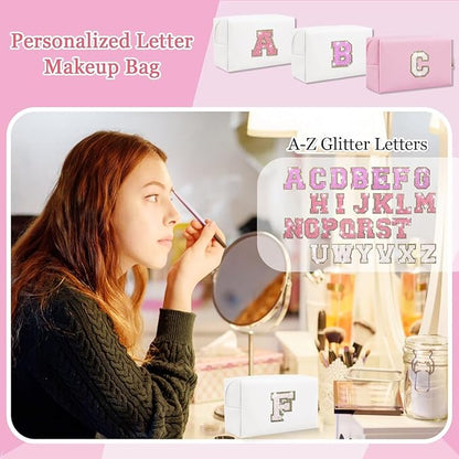 Small Personalized Glitter Initial Letter Makeup Bag, Cute PU Leather Chenille Letters Cosmetic Bag Travel Makeup Pouch, Preppy Travel Organizer Zipper Pouch for Women&Girls（White-F）