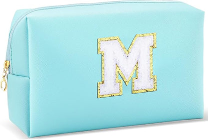 Gifts for Girls Initial Makeup Bag Personalized Cosmetic Bag with Zipper Cute Travel Toiletry Bag Waterproof PU Preppy Makeup Pouch Birthday Gift for Teen Girls Women(Blue M)