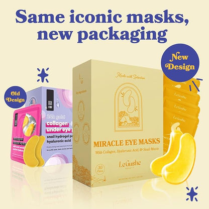 LE GUSHE Gold Under Eye Patches for Puffy Eyes and Dark Circles (30 Pairs) - Hydrating Collagen Under Eye Masks with Snail Mucin - Soothing Puffy Eyes Treatment for Women & Men - Bridesmaid Gifts