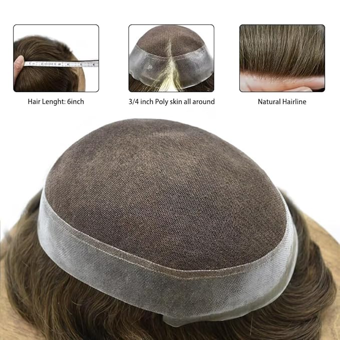 FACE MIRACLE Toupee for Men French Lace Hairpiece Human Hair Replacement System Skin PU Mens Toupee Hair Wigs for Man V-Looped Front Hair Prosthesis 6"X8" 4# MEDIUM BROWN